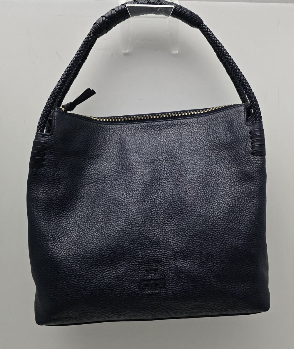 Tory Burch Taylor Hobo Bag Navy Blue Pebbled Leather Braided Handle